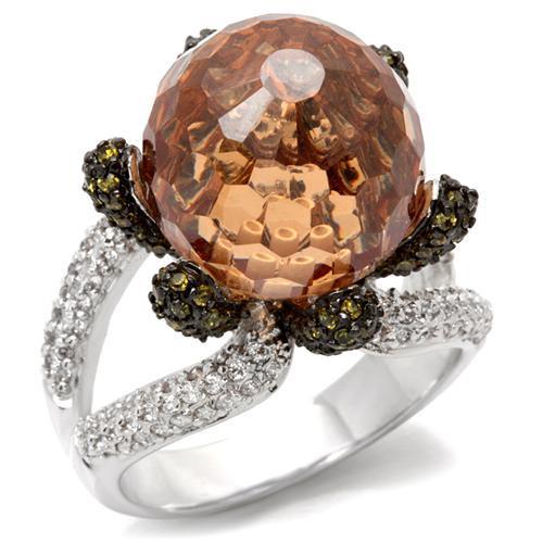 0W021 Rhodium + Ruthenium Brass Ring with AAA Grade CZ in Champagne