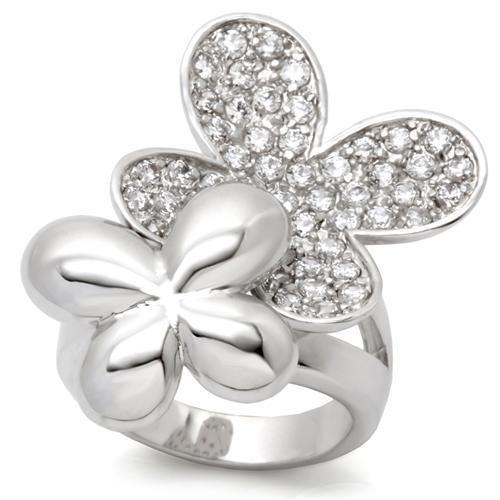 0W147 Rhodium Brass Ring with AAA Grade CZ in Clear