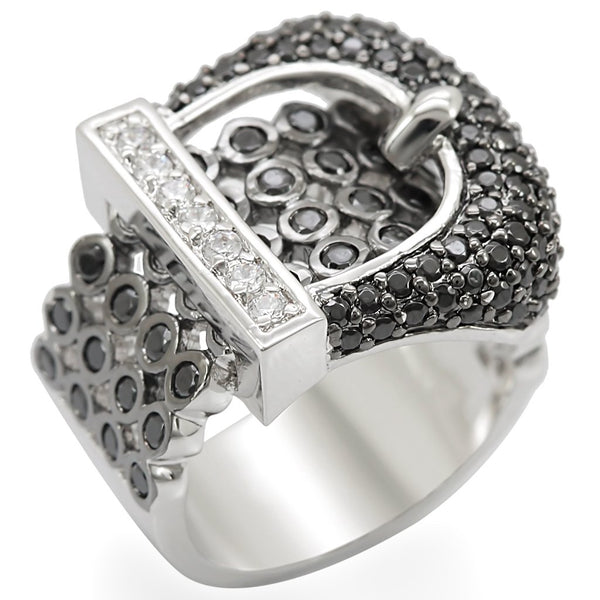 1W048 Rhodium + Ruthenium Brass Ring with AAA Grade CZ in Black Diamond