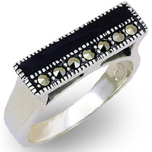 20127 Antique Tone 925 Sterling Silver Ring with Semi-Precious in Jet