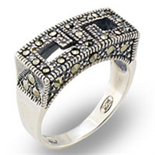 31002 Antique Tone 925 Sterling Silver Ring with Semi-Precious in Jet