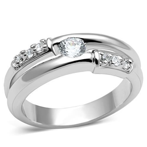 3W049 Rhodium Brass Ring with AAA Grade CZ in Clear