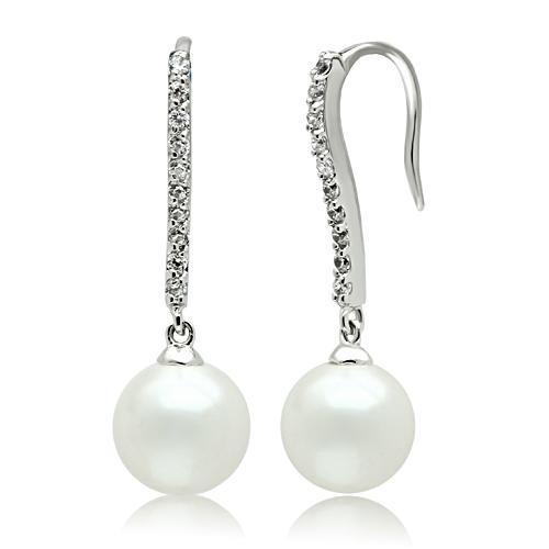 3W086 Rhodium Brass Earrings with Synthetic in White