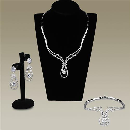 3W1095 Rhodium Brass Jewelry Sets with AAA Grade CZ in Clear