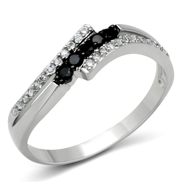 3W122 Rhodium + Ruthenium Brass Ring with AAA Grade CZ in Jet