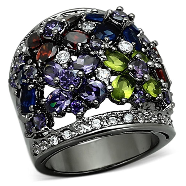LOA884 Ruthenium Brass Ring with AAA Grade CZ in Multi Color
