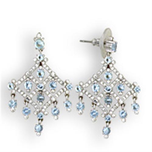 S35801 Rhodium 925 Sterling Silver Earrings with Top Grade Crystal in Sea Blue